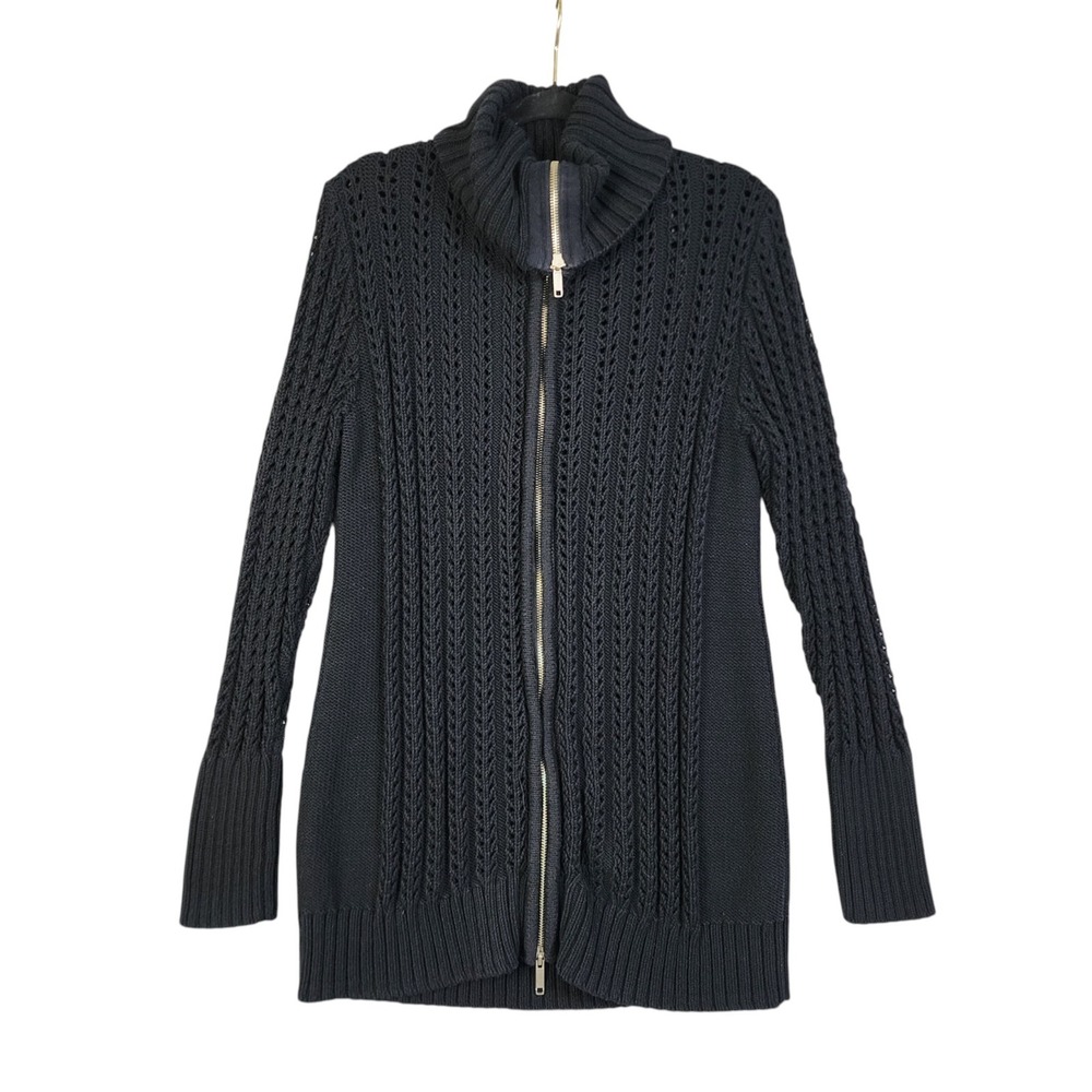 Chicos Womens Black Pointelle Knit Full Zip Longline Sweater‎ Size Medium Cotton